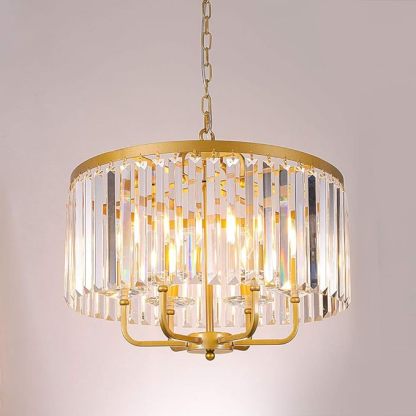 Gold Crystal Chandelier, 6 Lights Modern Gold Drum Chandelier Light Hanging Round Light Fixture for Dining Room, Living Room, Bedroom, Entryway, Kitchen, Foyer, 20'' W
