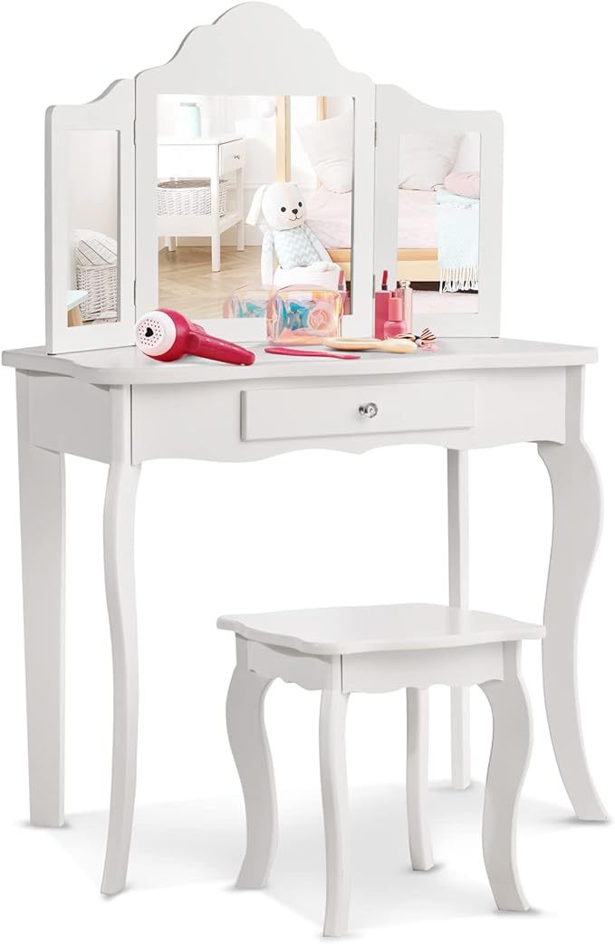 Kids Vanity Set with Mirror, 2-in-1 Wooden Toddler Vanity Table with Stool