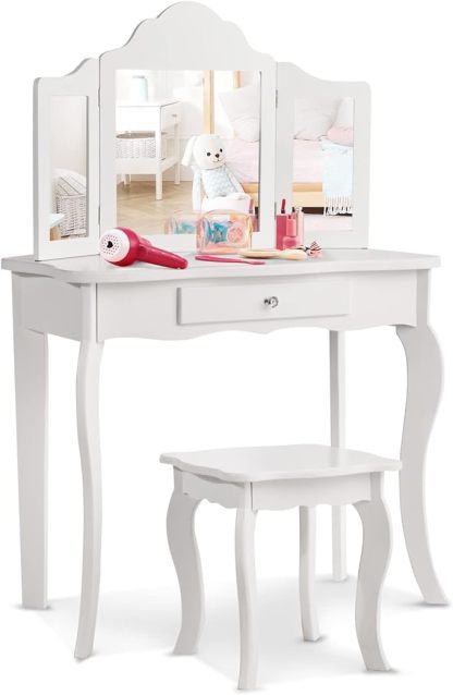 Kids Vanity Set with Mirror, 2-in-1 Wooden Toddler Vanity Table with Stool