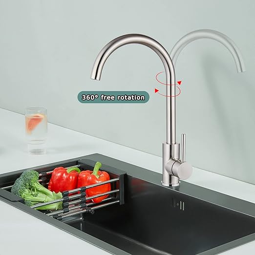 Brushed Nickel Kitchen Faucet Cold and Hot Water Single Hole 360 Degree Swivel Spout Deck Mount High Arc SUS304 Sink Bar Tap Goose Neck