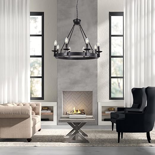 Black Farmhouse Chandeliers Wagon Wheel, Industrial 8 Lights Iron Lighting Candle Style 28", Rustic Hanging Ceiling Light Fixture