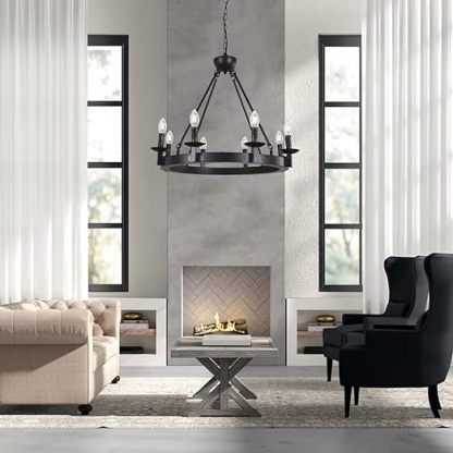 Black Farmhouse Chandeliers Wagon Wheel, Industrial 8 Lights Iron Lighting Candle Style 28", Rustic Hanging Ceiling Light Fixture