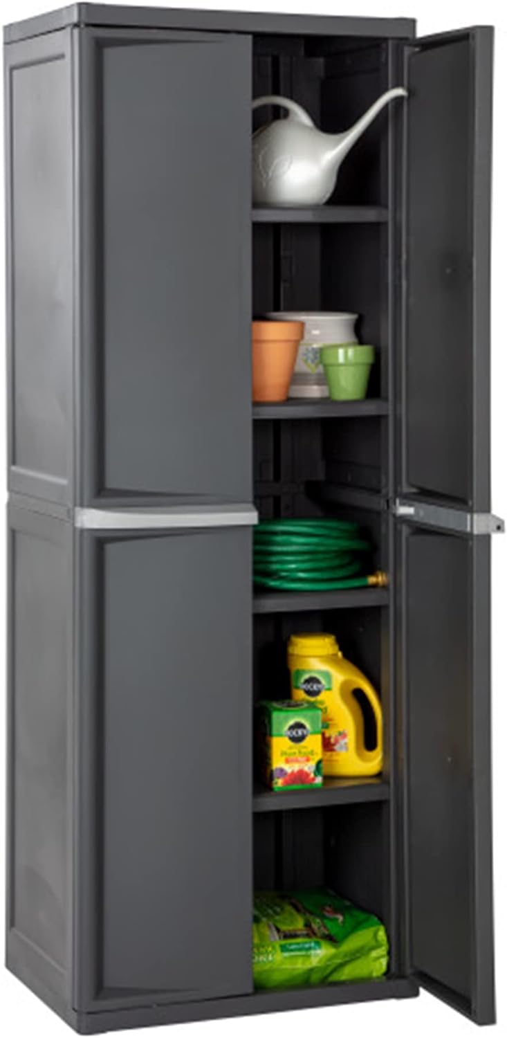 4 Shelf Cabinet, Heavy Duty and Easy to Assemble Plastic Storage Unit, Organize Bins in the Garage, Basement, Attic, Mudroom, Gray, 1-Pack