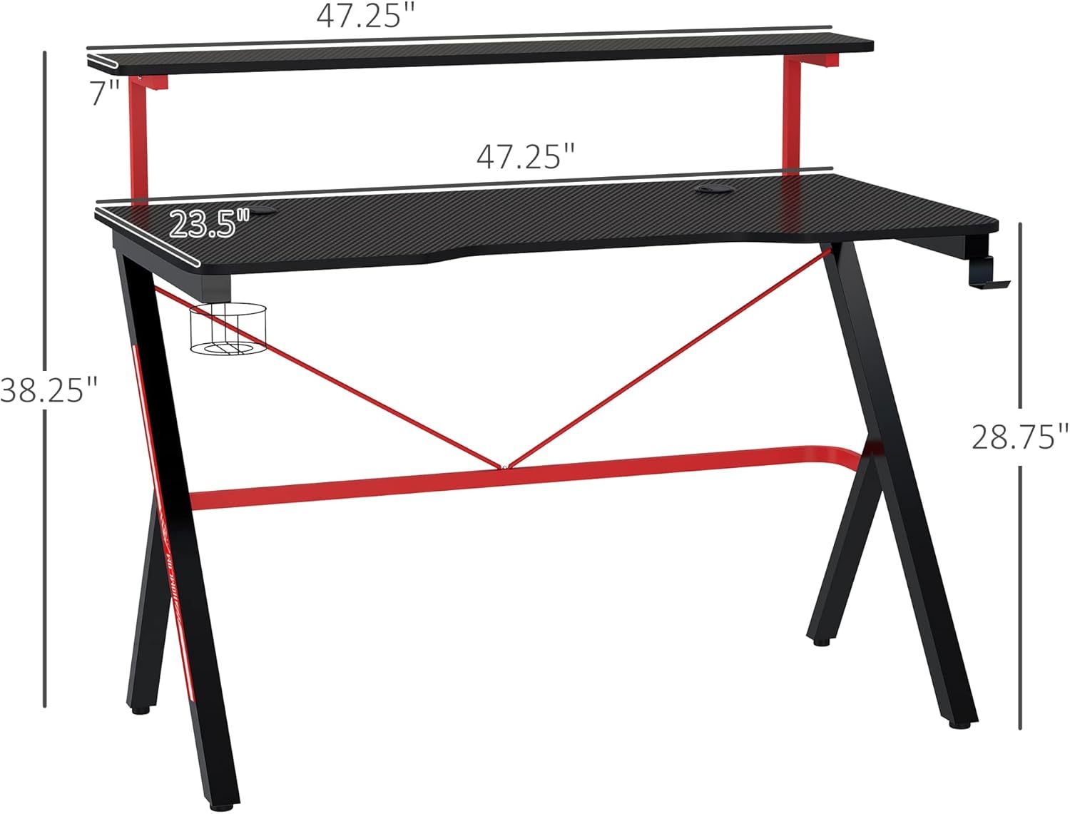 47 Inch Gaming Desk Racing Computer Desk Home Office Workstation with Elevated Monitor Shelf