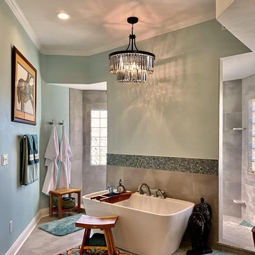 Modern Crystal Chandeliers,5 Light Farmhouse Chandelier for Dining Room,Hanging Light Fixture with Prism Crystal Shades,Black Pendant Lights for Living Room,Kitchen,Bedroom,Entryway,D-19.68''