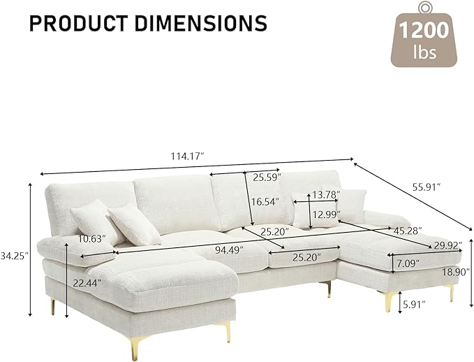 U-Shaped Sectional Sofa, Modern Chenille Tufted Overstuffed Comfy Cloud 4 Seater Couch