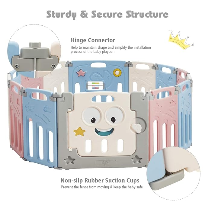 14 Panel Foldable Baby Playpen, Anti-Slip Base & Lockable Safety Gate