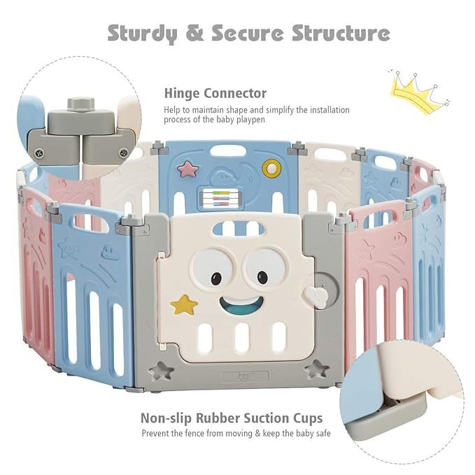 14 Panel Foldable Baby Playpen, Anti-Slip Base & Lockable Safety Gate