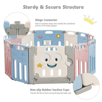 14 Panel Foldable Baby Playpen, Anti-Slip Base & Lockable Safety Gate