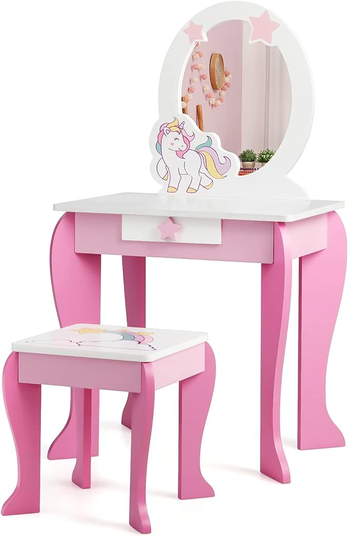 Kids Vanity Set with Mirror, Wooden Princess Makeup Table and Stool Set