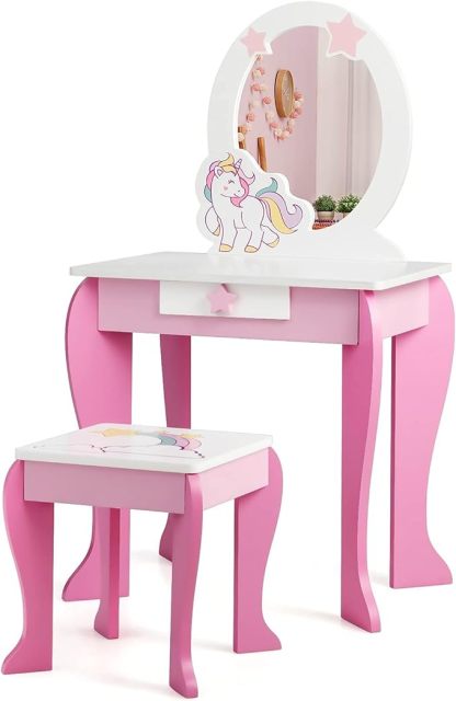 Kids Vanity Set with Mirror, Wooden Princess Makeup Table and Stool Set