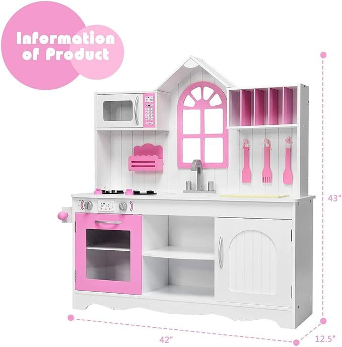Pink Kids Kitchen Playset, 43 Inch Rooftop Wooden Play Kitchen for Toddlers