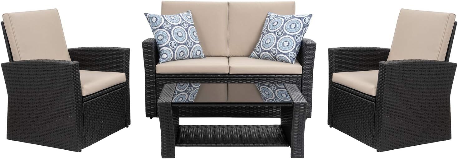 4-Piece Outdoor Patio Furniture Set, Wicker Rattan Sectional Sofa Couch with Glass Coffee Table