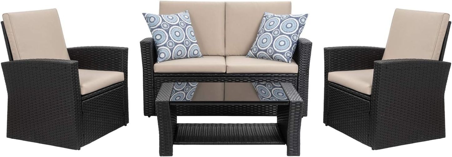 4-Piece Outdoor Patio Furniture Set, Wicker Rattan Sectional Sofa Couch with Glass Coffee Table