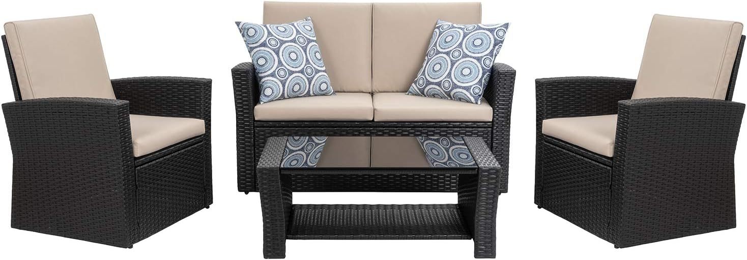 4-Piece Outdoor Patio Furniture Set, Wicker Rattan Sectional Sofa Couch with Glass Coffee Table