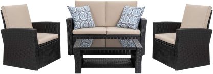4-Piece Outdoor Patio Furniture Set, Wicker Rattan Sectional Sofa Couch with Glass Coffee Table