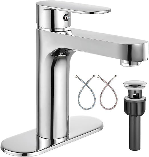 Bathroom Sink Faucet Polished Chrome Single Handle Brass 1 Hole Basin Mixer Tap Deck Mount Vessel Sink Faucets Lavatory Vanity Bathroom Faucets Deck Plate Pop Up Drain Included