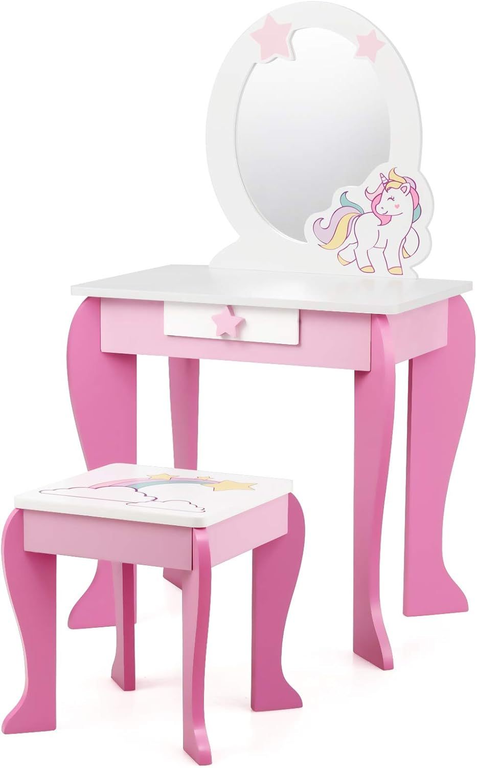 Kids Vanity Set with Mirror, Wooden Princess Makeup Table and Stool Set
