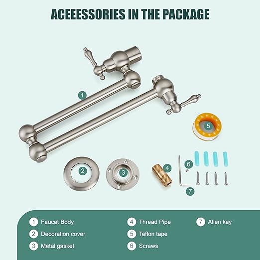 Restaurant Double Handles Pot Filler Brushed Nickel Kitchen Folding Faucet with 360 Degrees Swing Arm Classical Heyalan Single Hole SUS304 Stainless Steel Wall Mount Dual Joints