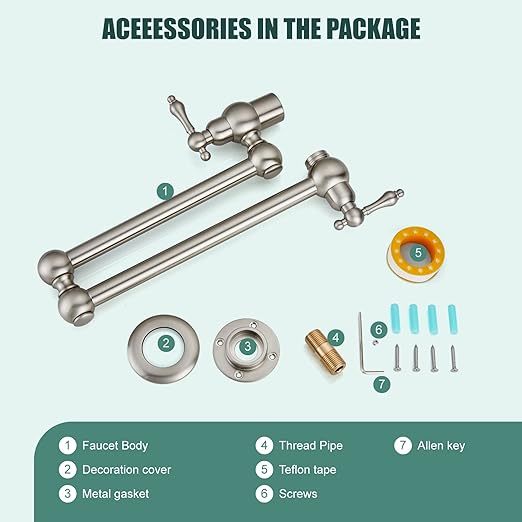 Restaurant Double Handles Pot Filler Brushed Nickel Kitchen Folding Faucet with 360 Degrees Swing Arm Classical Heyalan Single Hole SUS304 Stainless Steel Wall Mount Dual Joints