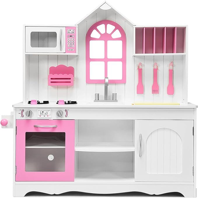 Pink Kids Kitchen Playset, 43 Inch Rooftop Wooden Play Kitchen for Toddlers