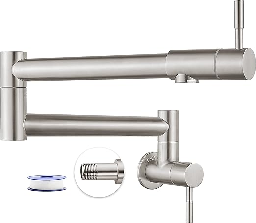 19" Pot Filler Brushed Nickel Wall Mounted Folding Stretchable Kitchen Restaurant Faucet with Double Joint Swing Arm Single Hole Two Handles Commercial NPT Stainless Steel Stove Tap