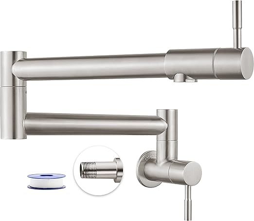 19" Pot Filler Brushed Nickel Wall Mounted Folding Stretchable Kitchen Restaurant Faucet with Double Joint Swing Arm Single Hole Two Handles Commercial NPT Stainless Steel Stove Tap