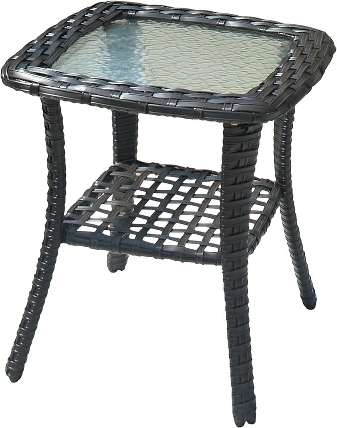 Patio Coffee Table Outdoor Rattan Wicker Side Table with Glass Top