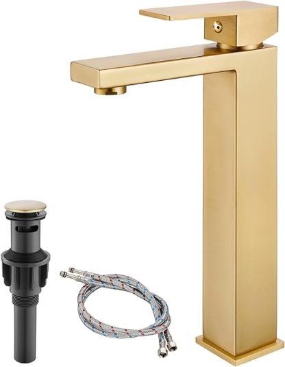 Brushed Gold Restroom Faucet,Bathroom Vessel Sink Faucet Single Handle Basin Bowl Tap SUS304 Stainless Steel Tall Body 1 Hole Lavatory Vanity Mixer Bar Tap with Pop Up Drain
