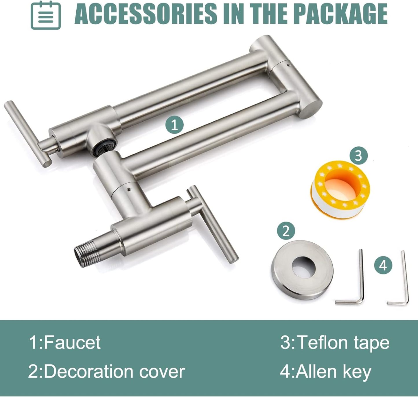 Pot Filler Faucet Wall Mounted Stainless Steel 19 Inch 304 Brushed Nickel Double Joint Swing Folding Arms with Two Handles Single Hole Commercial Kitchen Faucet Control Water