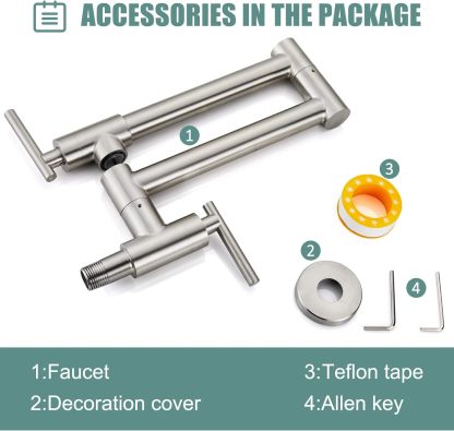 Pot Filler Faucet Wall Mounted Stainless Steel 19 Inch 304 Brushed Nickel Double Joint Swing Folding Arms with Two Handles Single Hole Commercial Kitchen Faucet Control Water