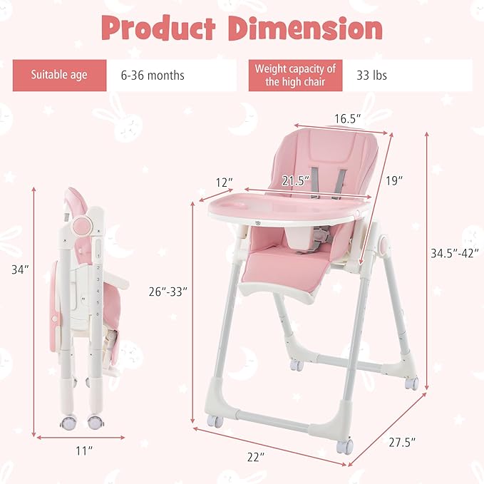High Chair with Wheels, Foldable Highchair for Babies and Toddlers
