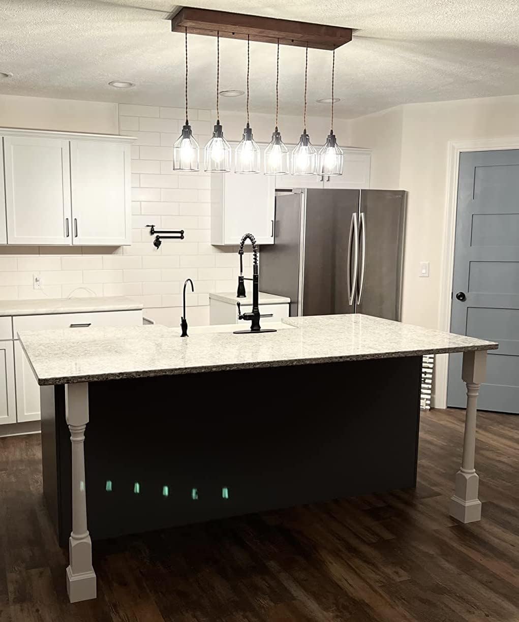 6 Lights Pendant Light for Kitchen Island, Farmhouse Linear Wood Flush Mount Chandelier with Metal Shades