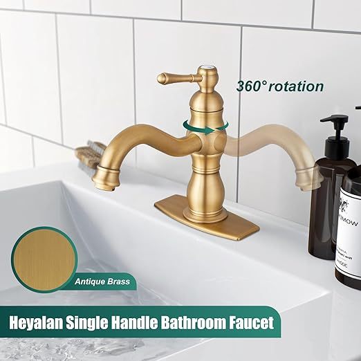 Antique Brass Bathroom Sink Overflow Faucet Single Hole One Handle with Pop Up Drain Assembly Deck Mount Single Handle Bathroom Sink Faucet Vanity Mixer Tap Lavatory Included