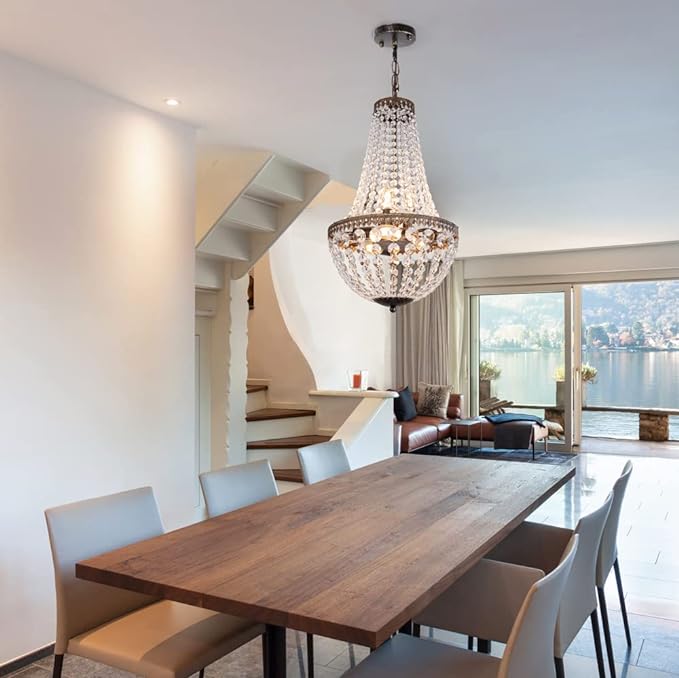 6 Lights French Empire Crystal Chandelier, 13 Inch Farmhouse Pendant Chandeliers Lighting, Adjustable Antique Bronze Ceiling Light