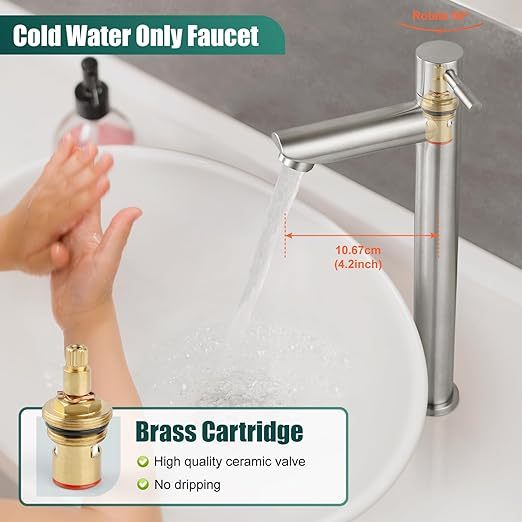 Brushed Nickel Bathroom Sink Faucet Cold Water Only Tall Body SUS304 Stainless Steel Straight Spout Single Handle One Hole Deck Mount Lavatory Faucet with Supply Water Hose(Drain Not Included)