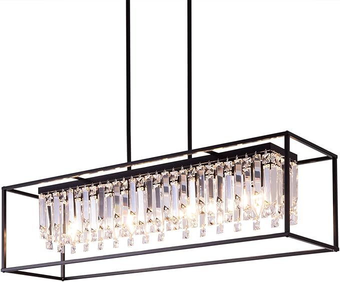 Farmhouse Chandelier for Kitchen Island Light with K9 Crystal, Black Rectangle Dining Room Lighting Fixtures Hanging