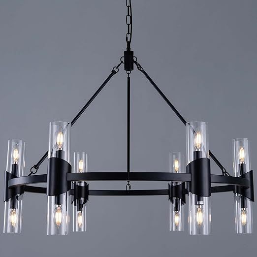 Black Farmhouse Chandelier 38 inch, 12 Lights Modern Wagon Wheel Chandeliers for Dining Room Entryway