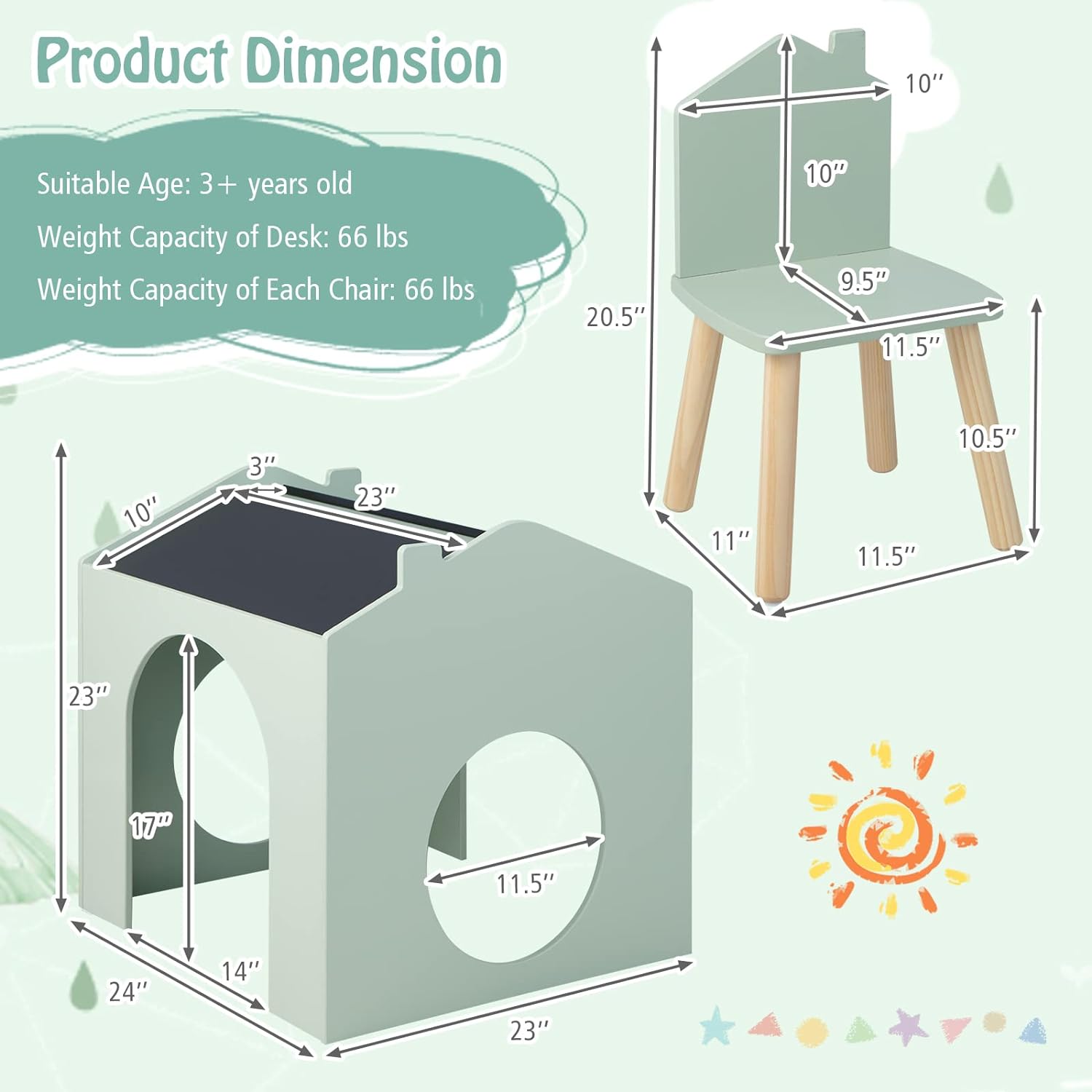 Kids Table and Chair Set, 3 Pieces Wooden Table Set for Toddler