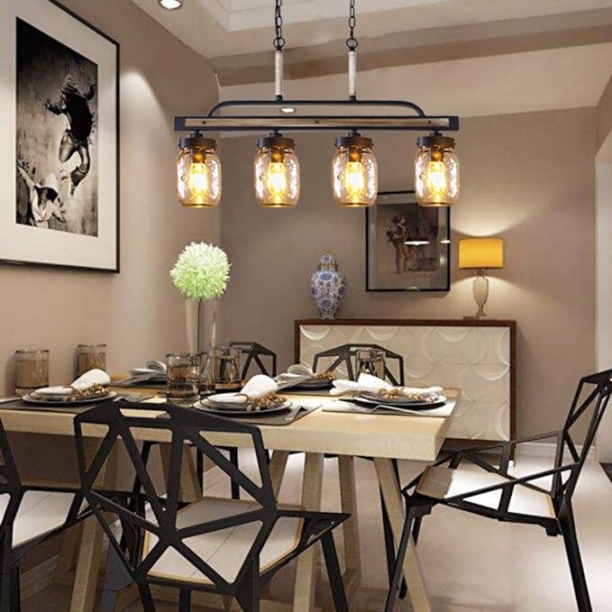 Farmhouse Chandelier for Kitchen Fixture Lights, 4 Lights Mason Jar Pendant Light for Dining Room Lighting Fixtures