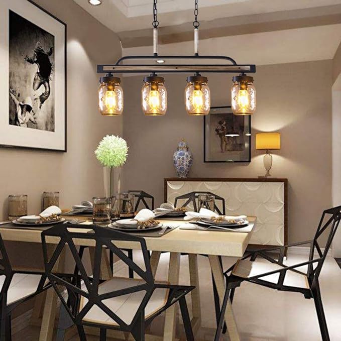 Farmhouse Chandelier for Kitchen Fixture Lights, 4 Lights Mason Jar Pendant Light for Dining Room Lighting Fixtures