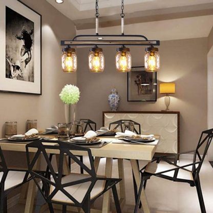 Farmhouse Chandelier for Kitchen Fixture Lights, 4 Lights Mason Jar Pendant Light for Dining Room Lighting Fixtures