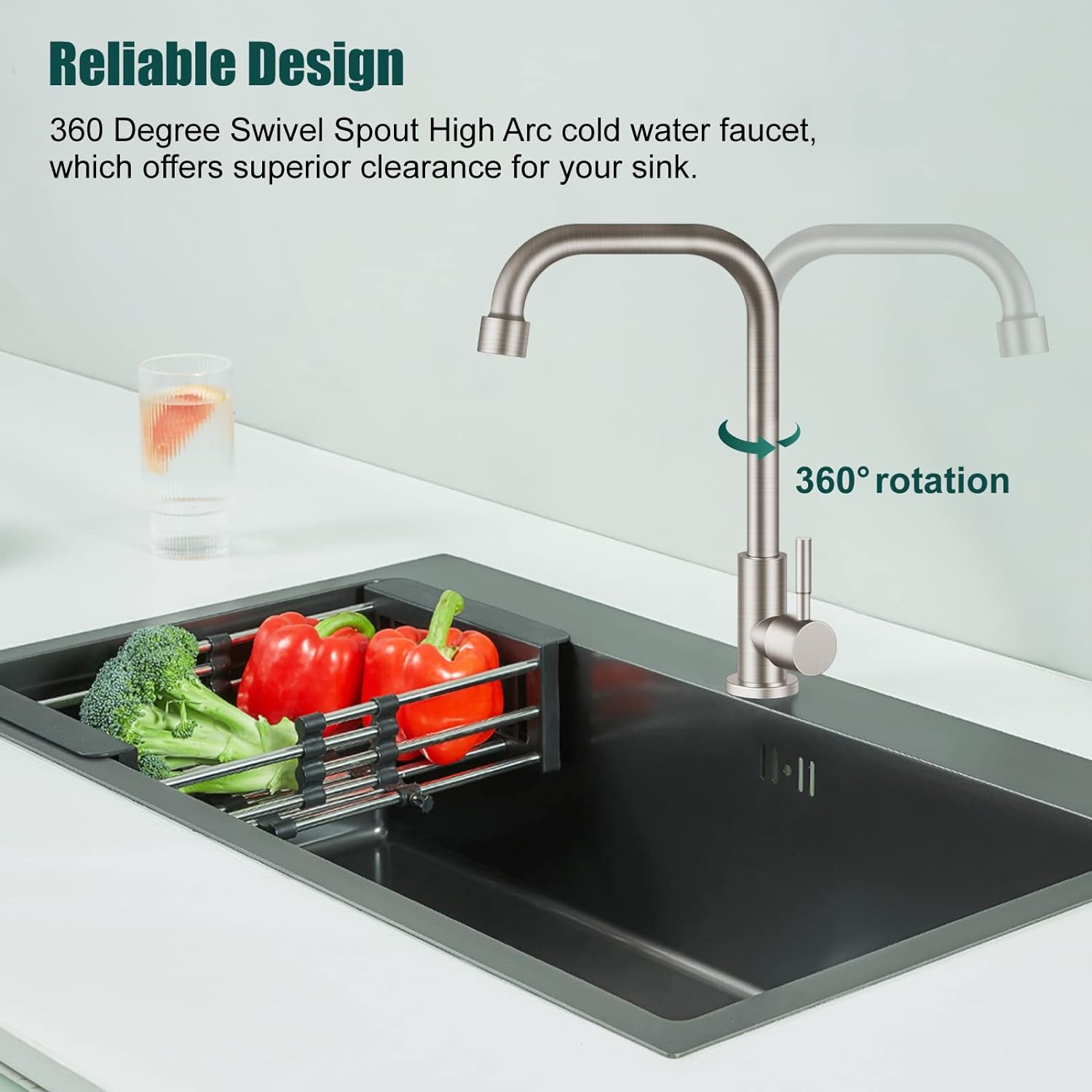 Cold Only Water Kitchen Faucet Brushed Nickel Heyalan Single Lever Handle 304 Stainless Steel Commercial Bar Tap Decked Mounted 360 Degree Swivel Spout Longer Thread Pipe