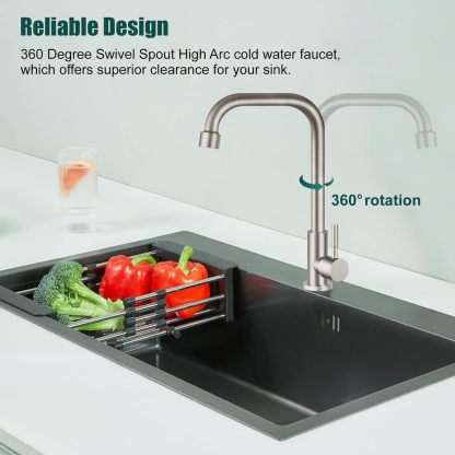 Cold Only Water Kitchen Faucet Brushed Nickel Heyalan Single Lever Handle 304 Stainless Steel Commercial Bar Tap Decked Mounted 360 Degree Swivel Spout Longer Thread Pipe