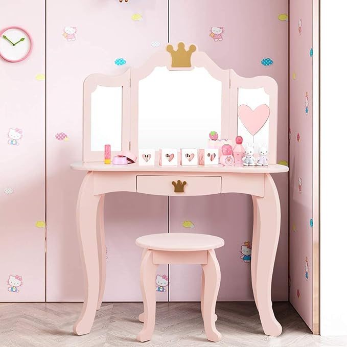 Crown Themed Toddler Dressing Makeup Table and Chair Set