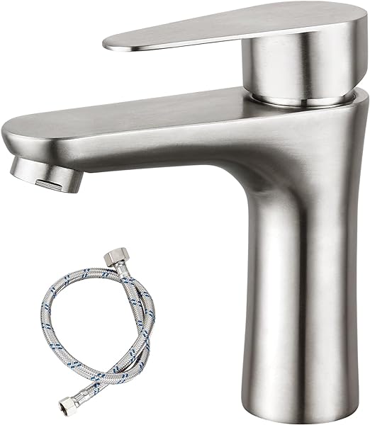 Brushed Nickel Bathroom Faucet Cold Water Only SUS304 Stainless Steel Single Handle One Hole Deck Mounted Lavatory Tap Single Switch 3/8" Hose with Male 3/8" - Female 1/2" Adapter(Drain not Included)