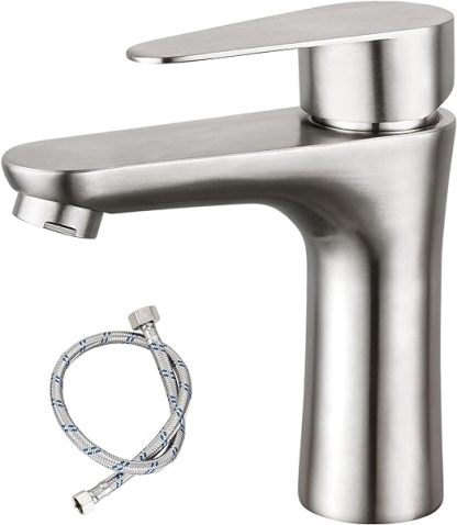 Brushed Nickel Bathroom Faucet Cold Water Only SUS304 Stainless Steel Single Handle One Hole Deck Mounted Lavatory Tap Single Switch 3/8" Hose with Male 3/8" - Female 1/2" Adapter(Drain not Included)
