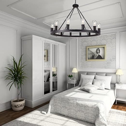 Farmhouse Black Chandelier,12 Lights Wagon Wheel Large Chandeliers for Kitchen Island,Hanging Modern Farmhouse Pendant Ceiling Lighting