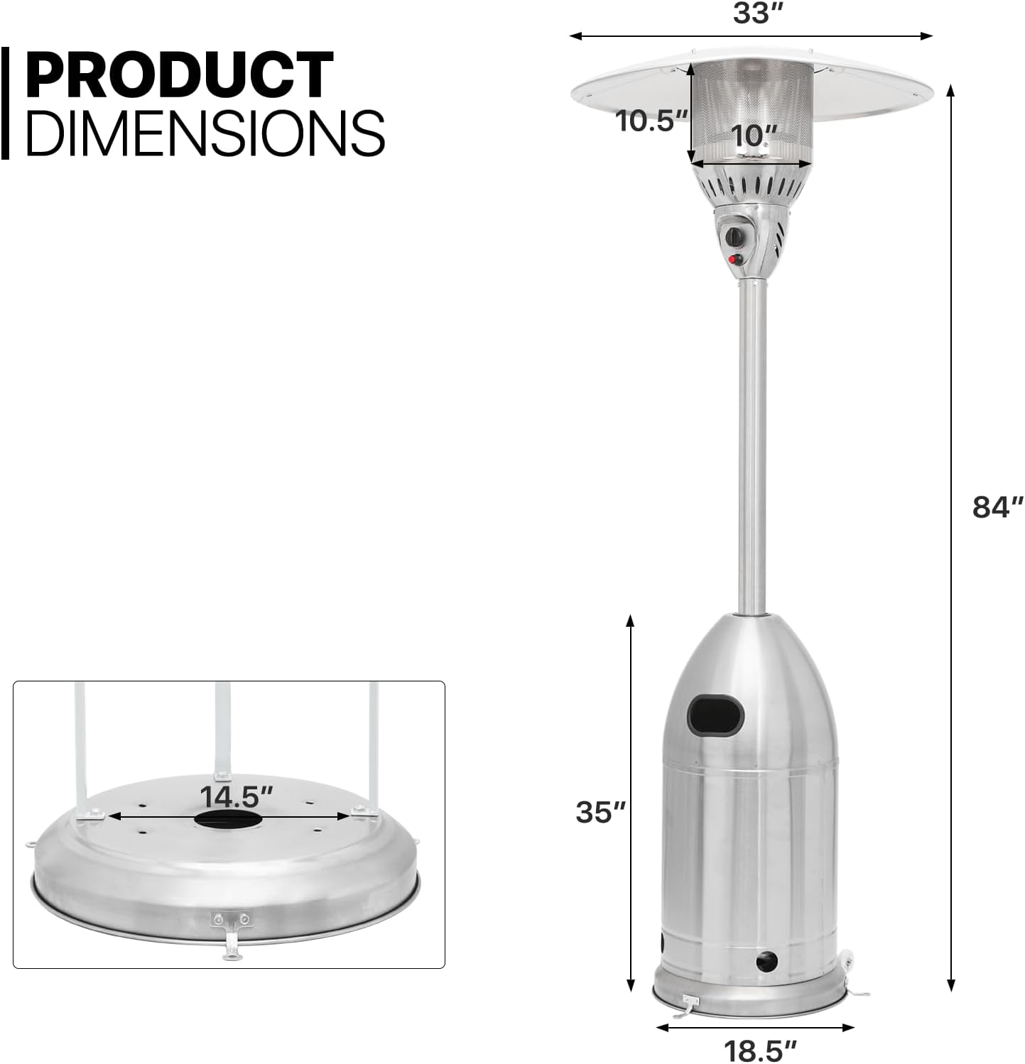 41000 BTU Propane Patio Heater with Wheels and Stainless Steel Burner Outdoor Patio Heater for Commercial Use, Residential, Garden, Backyard, Porch, Deck, Balcony (Silver)