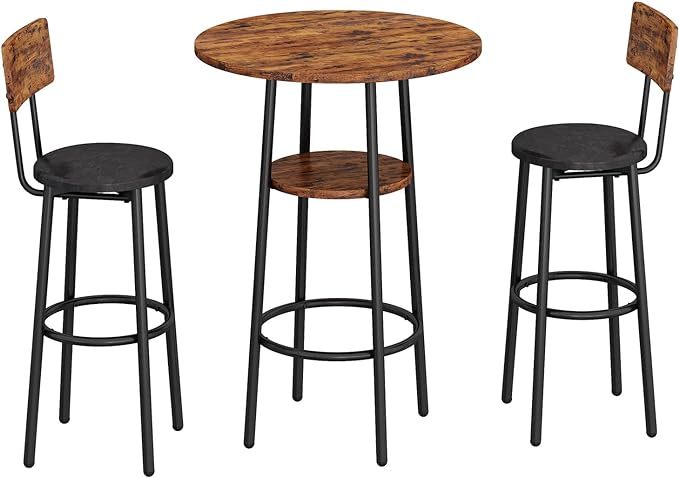 3-Piece Bar Table Set for 2, Small 2-Tier Round Bistro Pub Dining Table & PU Upholstered Stools with Backrest